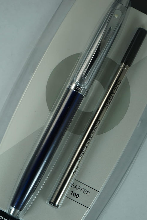 Sheaffer 100 Pearlescent Metallic Blue Rollerball Pen with Nickel Appointments, Signature Mid Band and Dot of