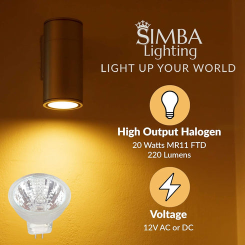 Simba Lighting MR11 Halogen 20W 12V FTD Spotlight Light Bulbs (10 Pack) GU4 Bi-Pin Base, Warm White 2700K Dimmable