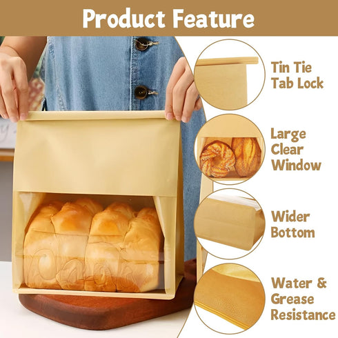 100 8.2 3.9 9.4 Inch Packaging, QTLCOHD Pcs Bakery Bags with Window - x x Tin Tie Tab Lock Sourdough Paper Bread Bags