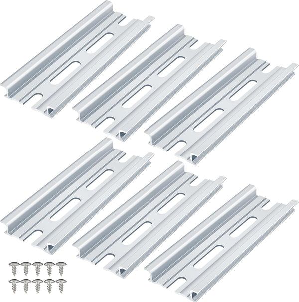 6 Piece Aluminum DIN Rails, 4 Inches Long, 35mm Wide, 7.5mm High, Top Hat Slotted with RoHS, Extra Premium Screws
