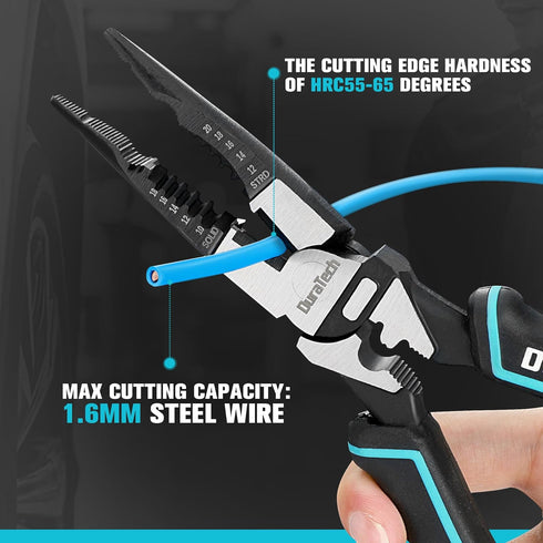 DURATECH 6-in-1 Needle Nose Pliers, 8.5" Multipurpose Long Nose Pliers with Wire Stripper and Cutter Function