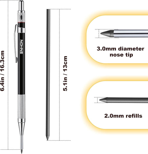 Enhon 2mm Mechanical Carpenter Pencil Set with 12 Marker Refills and Sharpener, Woodworking Marking Tool for Deep Hole
