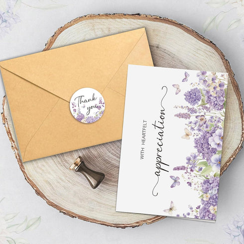 Set 50, 4x6In Funeral Thank You Cards with Envelopes, of Purple Watercolor Floral Butterfly Design Message Inside
