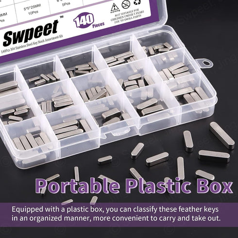 Swpeet 140Pcs 16 Sizes Stainless Steel Round Ended Feather Key Parallel Drive Shaft Keys Set