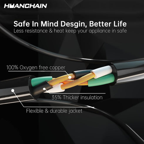 HUANCHAIN 8 ft Black Indoor Outdoor Extension Cord, 16/3 Gauge Waterproof, 13A 1625W, Heavy Duty Electric Cord, ETL