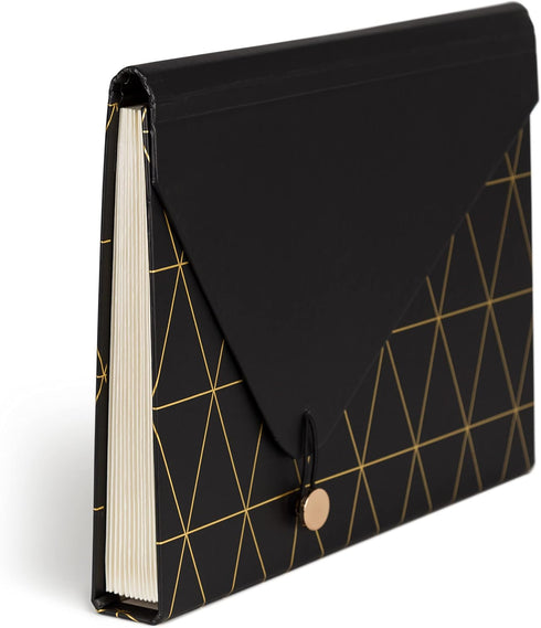 U Brands 13-Pocket Expanding File Folder, Black and Gold Geometric Office Supplies with Brass Hardware, FSC Certified