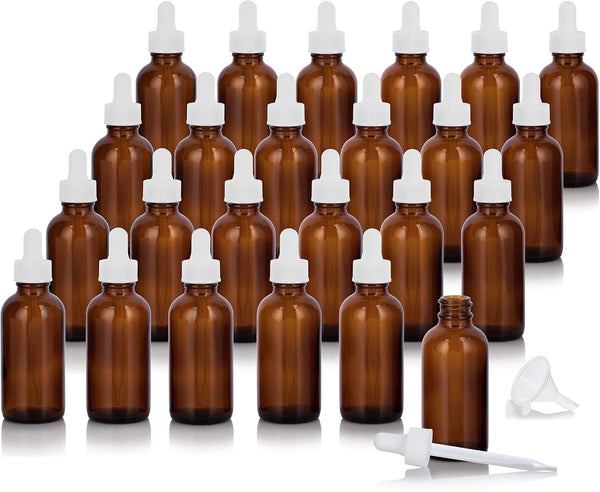 JUVITUS 24 Pack Amber Glass Boston Round Dropper Bottles + Funnel, 2 oz / 60 ml
