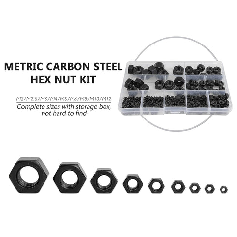 NINDEJIN 326 M2 M2.5 M3 M4 M5 M6 M8 M10 M12 Set 9 pcs Metric Black Hex Nuts Assortment Kit Assorted Metric Hardware