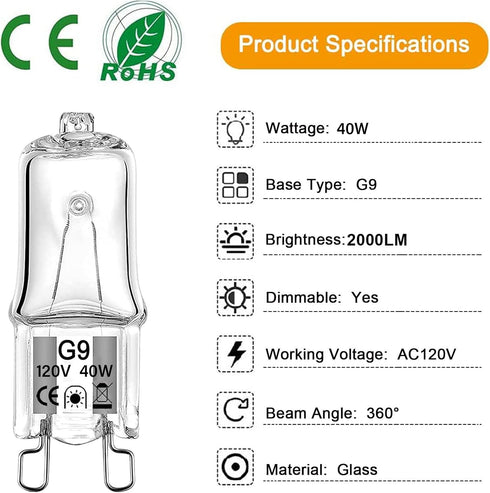 G9 Bulb 40 120 Dimmable T4 (10 Pack) Halogen Watt Volt JCD Type Bi-Pin Base for Chandeliers, Pendants, Cabinet Lights