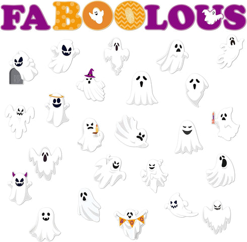 Haooryx 62Pcs Halloween Ghost Bulletin Board Decoration Set - Ghost Patterned Paper Cut-Outs for Halloween Party Decor