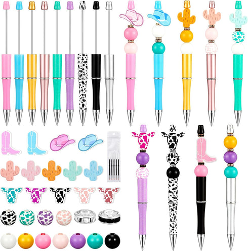 Geelin 18 Set Cow Print Beadable Pens, Assorted Kit with 18 Refills and Cow Themed Wooden Beads