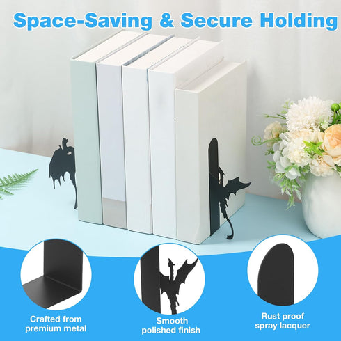 Tcwhniev 4 Pcs Dragon Metal Bookend, Book End for Shelf Bookshelf Home Office Desk Bookshelf Decor Present for Dragon