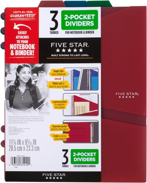 Five Star 2-Pocket Dividers, Tabbed, Colors Will Vary, 3 Pack (81210)