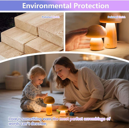 Gifts(2 Packs) Mushroom-Night-Lights Rechargeable, Cordless Wooden Mushroom Table Lamps, Portable Desk Lamps