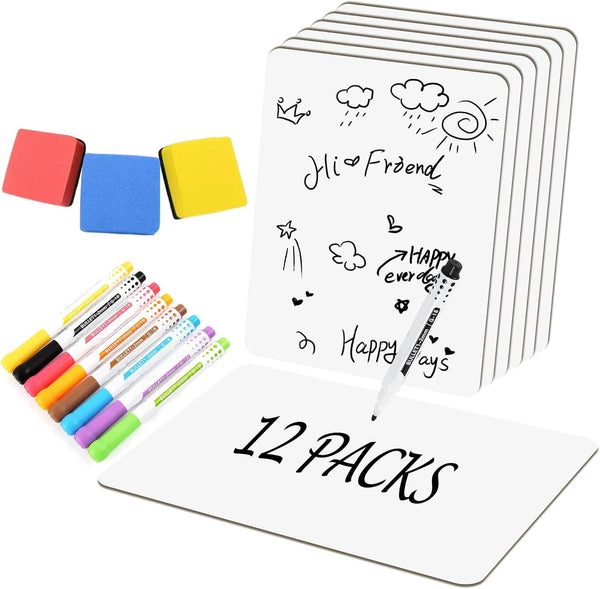 Set of 12 Small White Board Dry Erase Boards 9"x12” Double Sided for Students, Teachers, School Supplies with Mini
