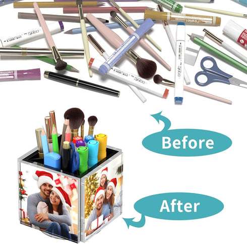 HIIMIEI Acrylic Rotating Pen Holder for Desk, Holds 4 Family Photos, Organizer for Office and Home