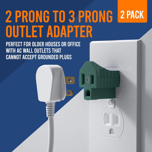 3-Prong to 2-Prong Grounding Adapter Plug, 2 Piece for Wall Outlets, Converters for Outlets, Electrical, Household,