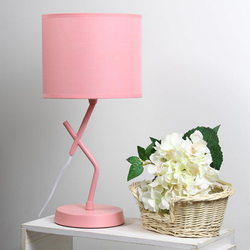 LT1172-PNK 17.13" Simple Designs Metal and Modern Abstract Table Lamp with Drum Fabric Shade, Bedroom, Office, Living