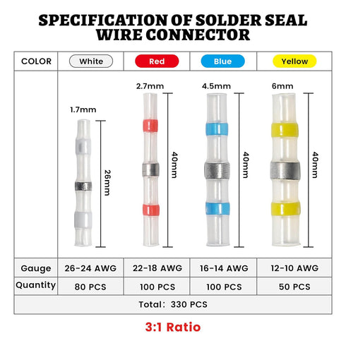 RED WOLF 330 PCS Solder Seal Connector Kit, 3:1 Shrinkage Heat Shrink Butt Splice Terminal for Marine Automotive Wiring