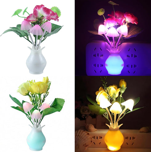 Warmstor 4 Pack Mushroom Night Light, Plum Blossom Rose Flowers Plants Plug-in Mushrooms