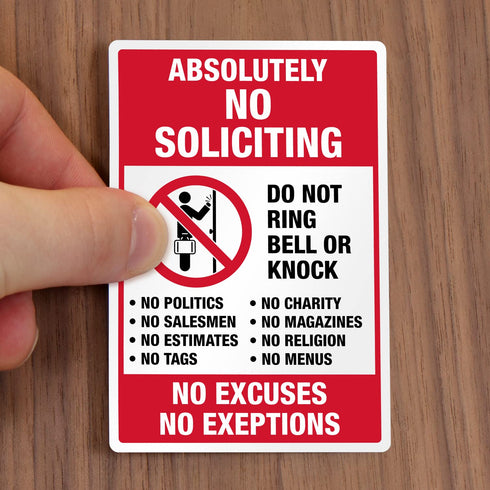 SmartSign No Soliciting Stickers, Pack of 3, One 3.75"x5.5" & Two 2.75"x4", No Excuses No Exceptions, Made in USA