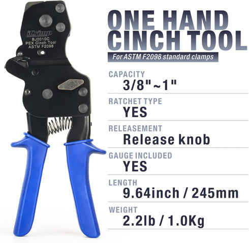 Cinch 2098 3/8, 1/2, 3/4, 5/8,1-inch iCrimp Rachet PEX Pipe Tool for Stainless Steel Clamps meet ASTM clamping Pipe