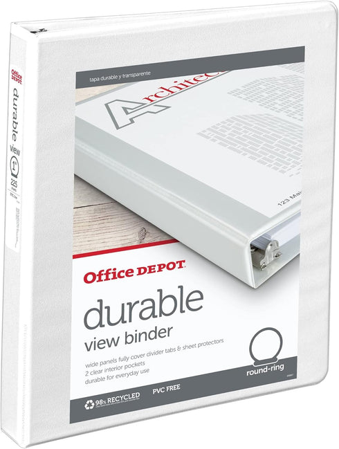 Office Depot Nonstick Round-Ring View Binder (OD02960) - 1in. Rings, 100% Recycled, White