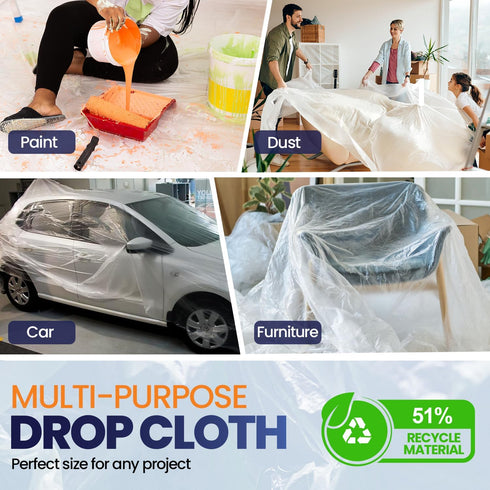 6 Pack 12 x 9 ft Extra Large Painter s Plastic Drop Cloth, Light & Durable Dust Cover, Plastic Floor Protector