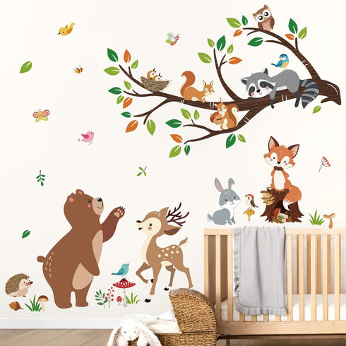 decalmile Woodland Animal Tree Branch Wall Decals Bear Fox Deer Forest Wall Stickers Kids Room Baby Nursery Bedroom