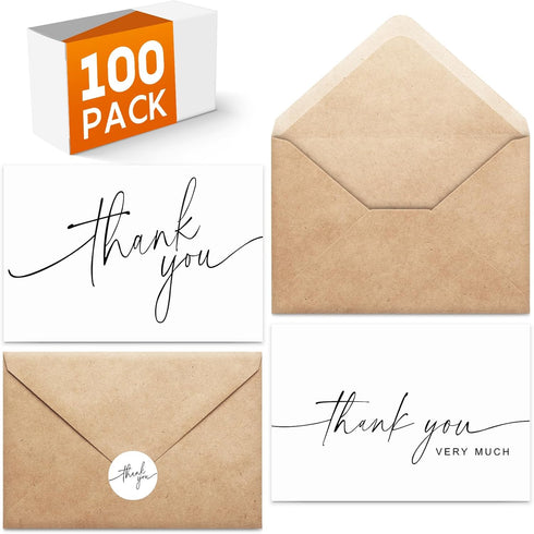 XXINMOH 100 PACK Thank You Cards Bulk with Kraft Envelopes and Matching Stickers,