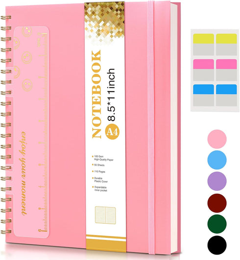 Spiral Notebook Journal, 8.5” x 11” A4 Large Pink Notebooks, College Ruled Lined Journal for Note Taking