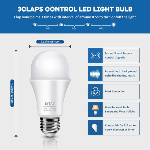 SYSAI 3 E26 Claps Light Pro, Sound Activation on/Off, Clap Detection, Smart Home, can be Used for Bedroom Desk lamp