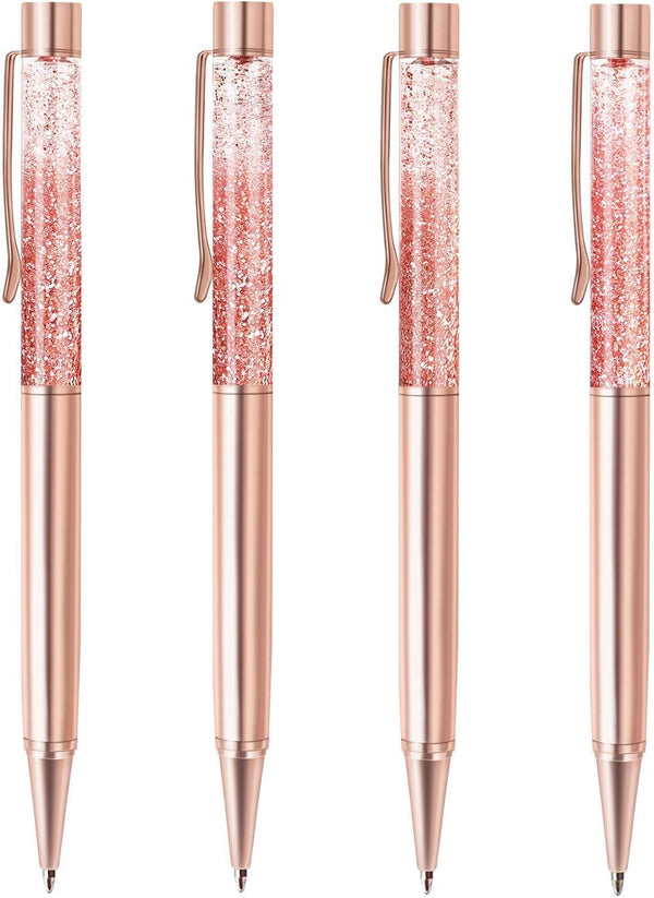 ZZTX 4 Pcs Rose Gold Ballpoint Pens, Cute Bling Dynamic Liquid Sand Pen with Refills, Black Ink Office Supplies