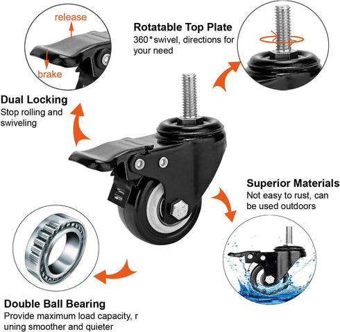 2" Stem Caster Wheels with Safety Dual Locking, 600Lbs Heavy Duty, No Noise Swivel Casters, Set of 4