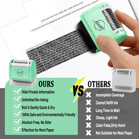 Miseyo Identity Theft Protection Roller Stamp Set - Mint Green, Includes 3 Refill Inks