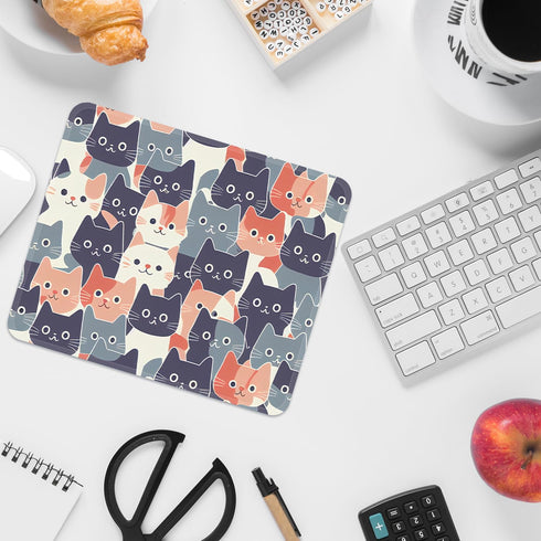 Round Face Cat Mouse Pad, Square Stitched Edge, Premium Washable Cloth, Non-Slip Rubber Base, 9.25x7.75x0.12 inch