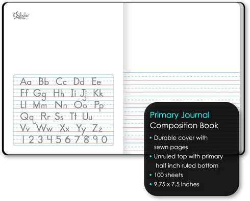 iScholar Primary Composition Book, Journal, Unruled Top, .5 Inch Ruled Bottom Half, 100 Sheets, Black Marble