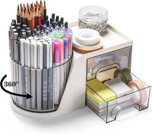 Rotating Desk Organizer with 2 Drawers, Pencil Pen Holder with 4 Compartments for Office, Home, White