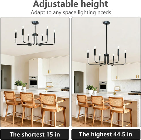 Lurinenna 6-Light Black Farmhouse Chandelier, Rustic Industrial Modern Ceiling Pendant Light, Adjustable Hanging Lamp