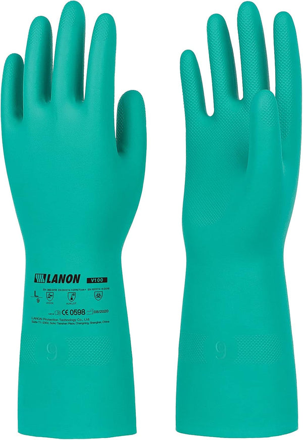 LANON 3 Pairs Nitrile Chemical Resistant Gloves, Reusable Heavy-Duty Rubber Gloves for Acid and Oil Protection