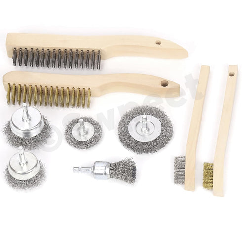 Swpeet 9Pcs Wire Scratch Brush Kit, Including 5Pcs Wire Wheel Cup Brush and 3Pcs Brass/Stainless/Carbon Steel Brushes