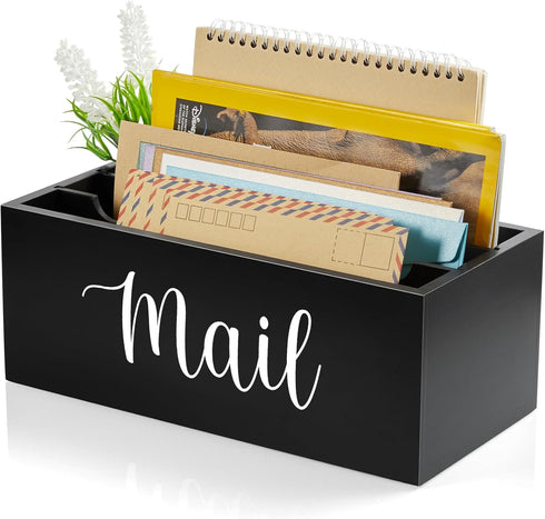 DRASTAR Wooden Mail Organizer with 3 Slots, Black Countertop Mail Holder, Desktop Sorter for Home Office Accessories