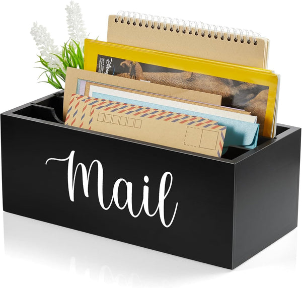 DRASTAR Wooden Mail Organizer with 3 Slots, Black Countertop Mail Holder, Desktop Sorter for Home Office Accessories