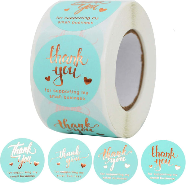 Thank You Stickers, 500pcs Round Labels with 4 Designs, Blue & Gold Foil, 1.5" Diameter for Business Gift Packaging