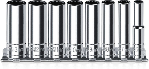 1/4 Inch Drive Socket Set - 8 Piece Metric Deep Socket Set (6mm to 13mm) with Sturdy Holder - Cr-V Steel
