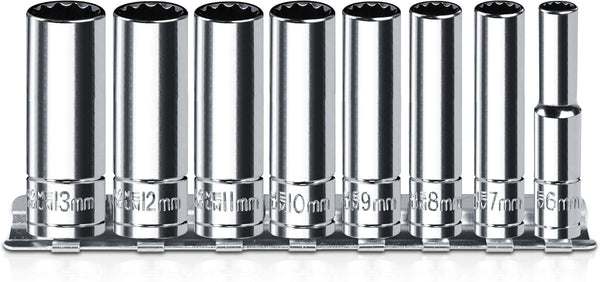 1/4 Inch Drive Socket Set - 8 Piece Metric Deep Socket Set (6mm to 13mm) with Sturdy Holder - Cr-V Steel
