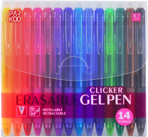 ParKoo Retractable Erasable Gel Pens Clicker - 14 Colors, Fine Point 0.7mm for Writing and Drawing