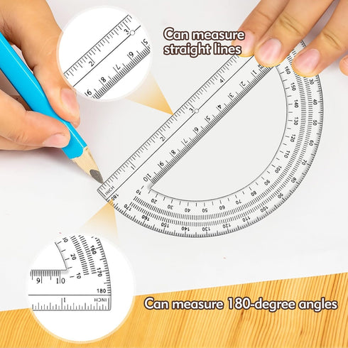 CNTVO 3 12 Inch Set Pcs Plastic Ruler, Clear Protractor and Compasses for Student Geometry, Durable Transparent Drawing