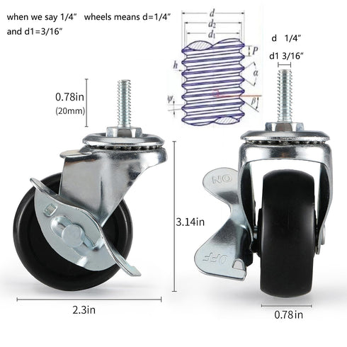 Pusalxl 2 inch,Casters Set 4,Castor 1/4,5/16,3/8 inch of Wheels Threaded Stem,Wheel for Wire Shelving Racks,Leveling
