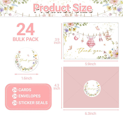 SMUAENSS 24 Pack Pink Baby Shower Thank You Cards with Envelopes, Girl Baby Gift Card Blank Note Card with Envelopes